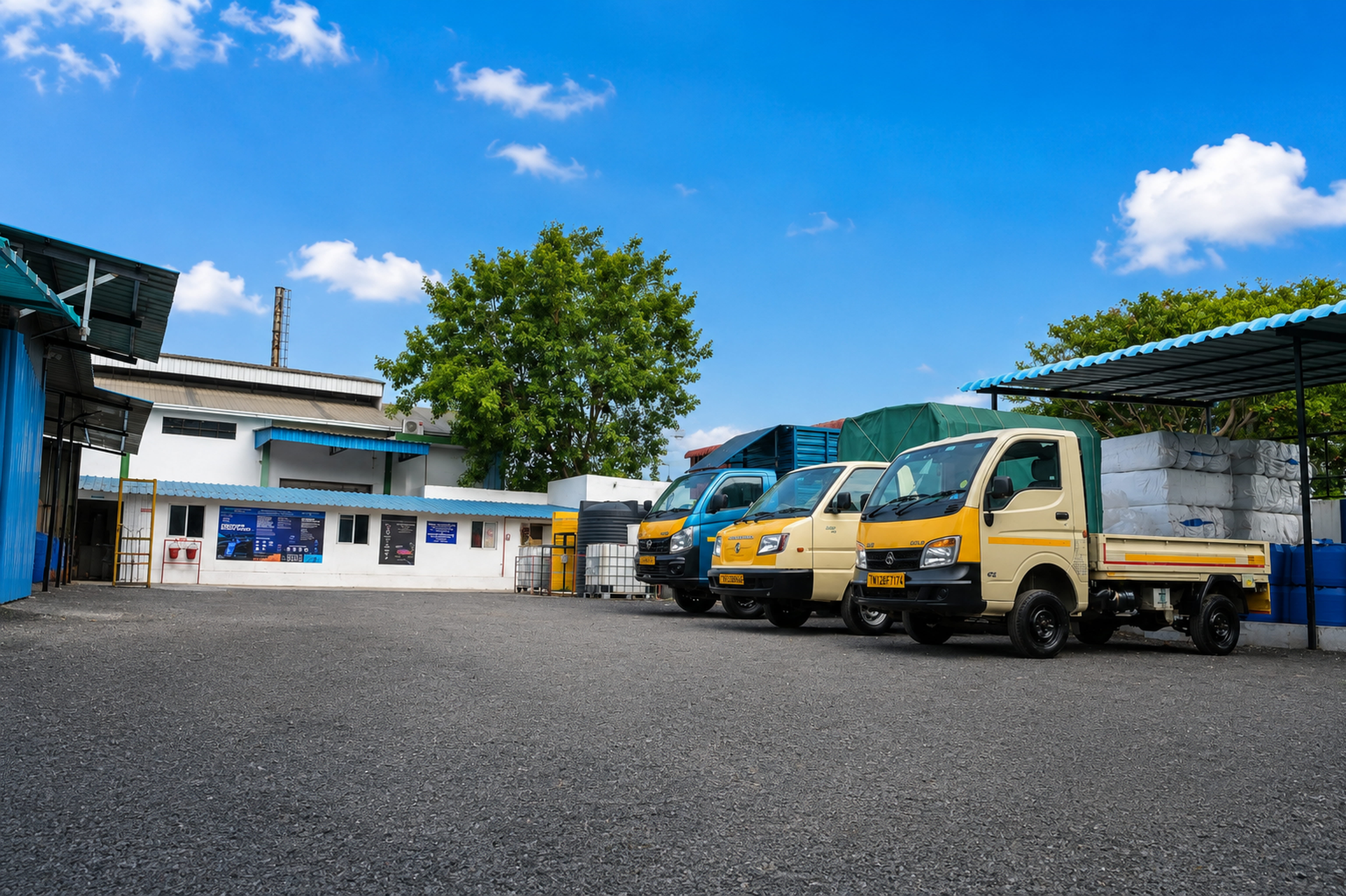 Delivery vehicles queued for dispatch at the facility yard
