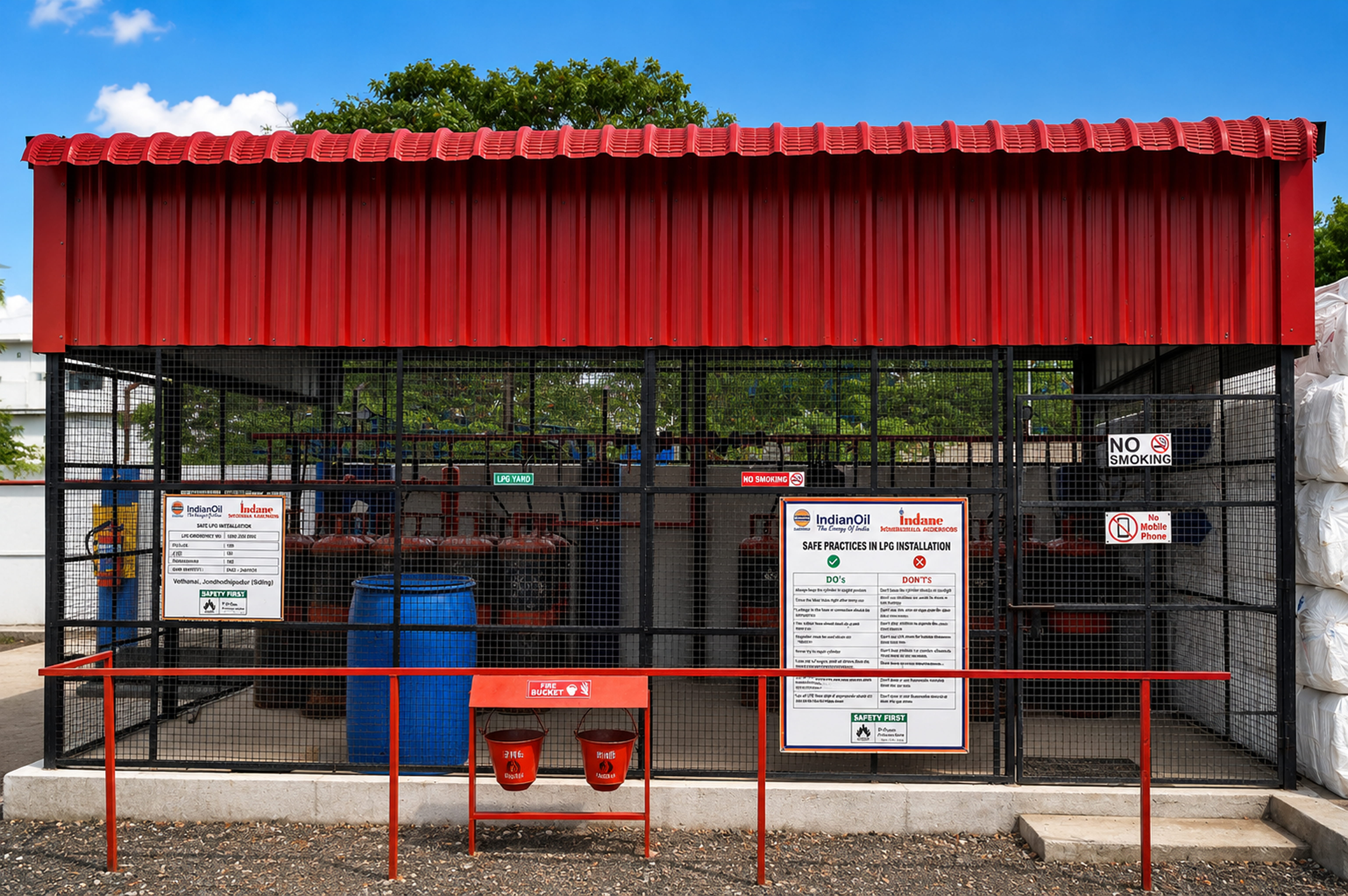 LPG yard safety board with fire buckets and cylinder storage cage