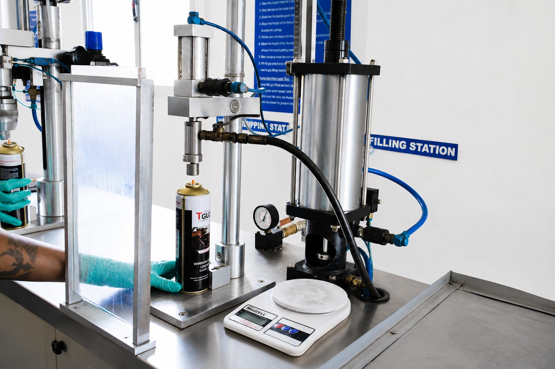 Pressure filling of aerosol cans at the filling station