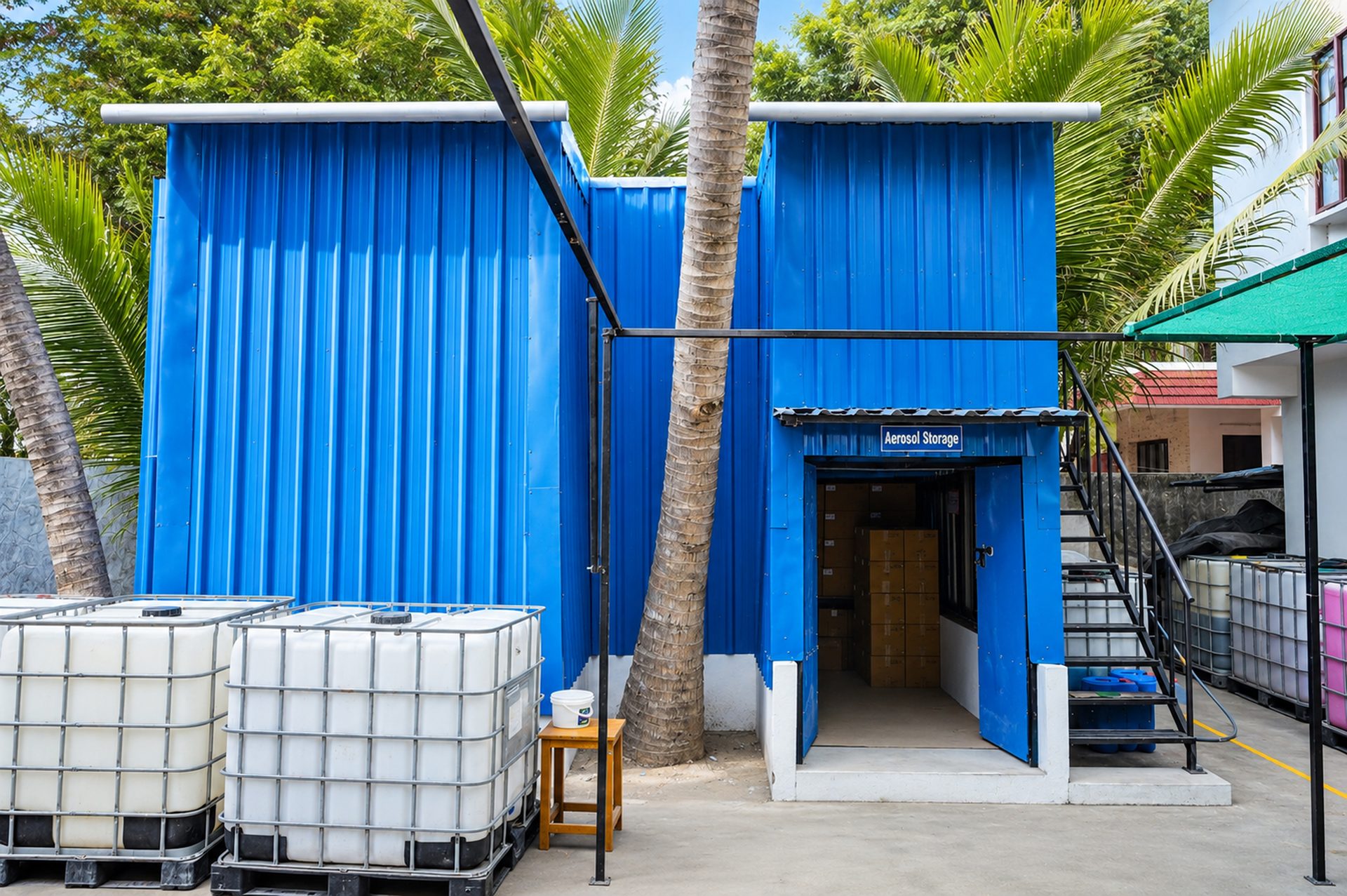 Aerosol storage building and raw material totes